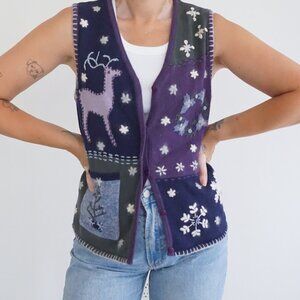 Vintage North Crest Patchwork Reindeer Floral Embroidered Knit Vest Sweater S